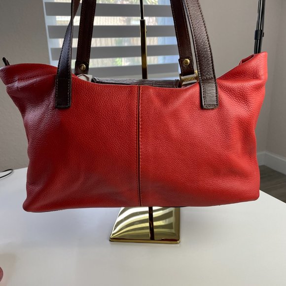 VALENTINA Double Strap Soft Red Brown Leather Zipper Pouch Pockets Gold Hardware - Picture 4 of 16